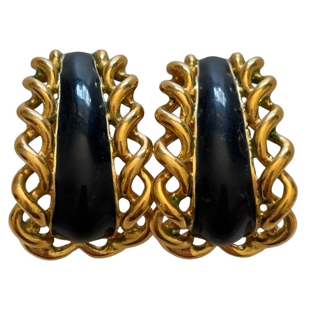 St. John Designer Gold Plate Twist Black Enamel Half Hoop Clip Earrings Vintage